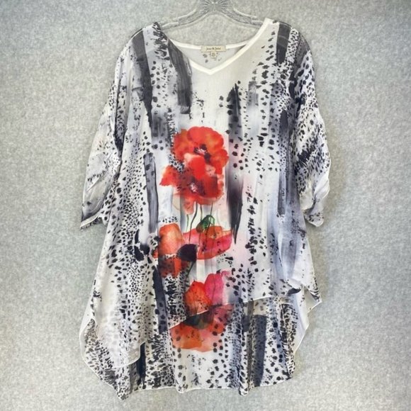 Jess & Jane Women's Tunic White Red Poppy Sequin Sheer Cheetah Asymmetrical XL - Picture 2 of 14